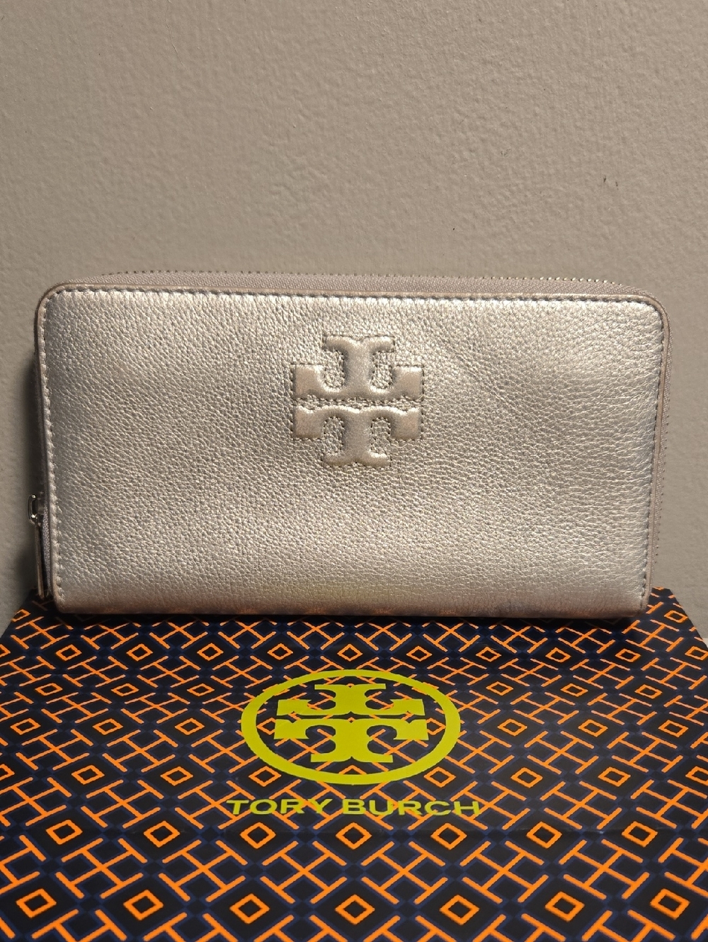 Tory Burch Metallic Silver Zip-Around Wallet